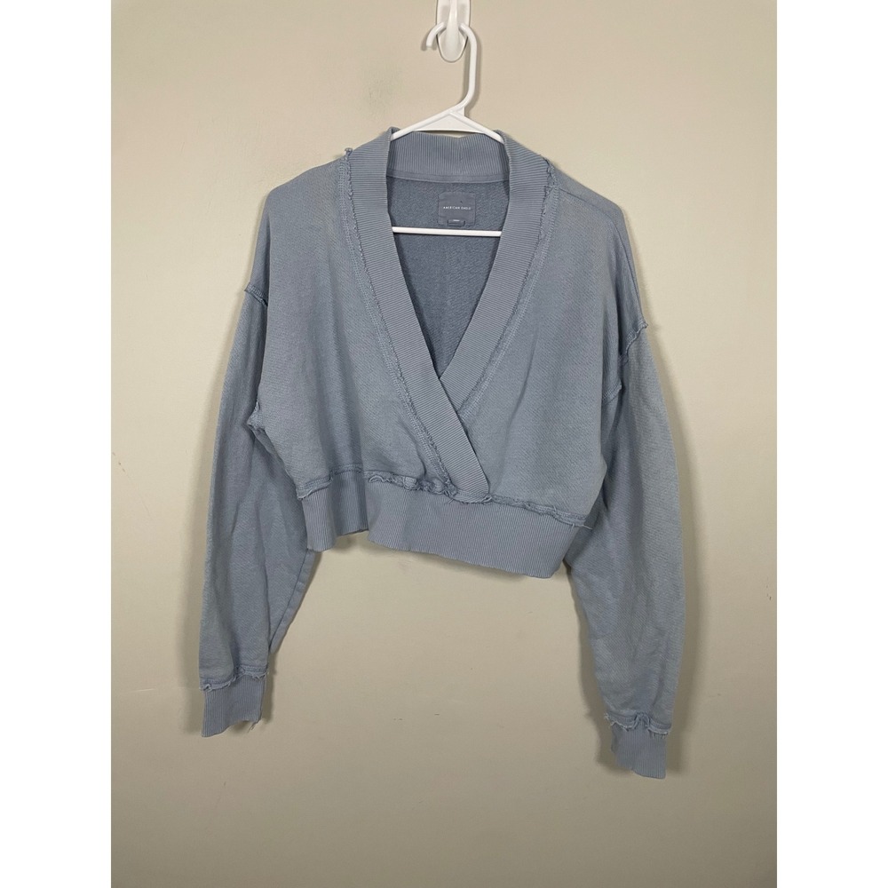 American Eagled Cropped Wrap Front Sweatshirt in Blue Size Large Loungewear